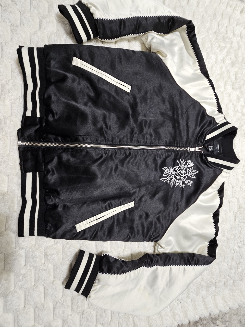 Forever 21 Black and White Satin Varsity Jacket with Embroidered Rose